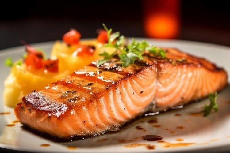 Grilled Copper River King Salmon fillet served on a plate with a garnish of herbs and a side of roasted vegetables, emphasizing its succulent, grilled appearance