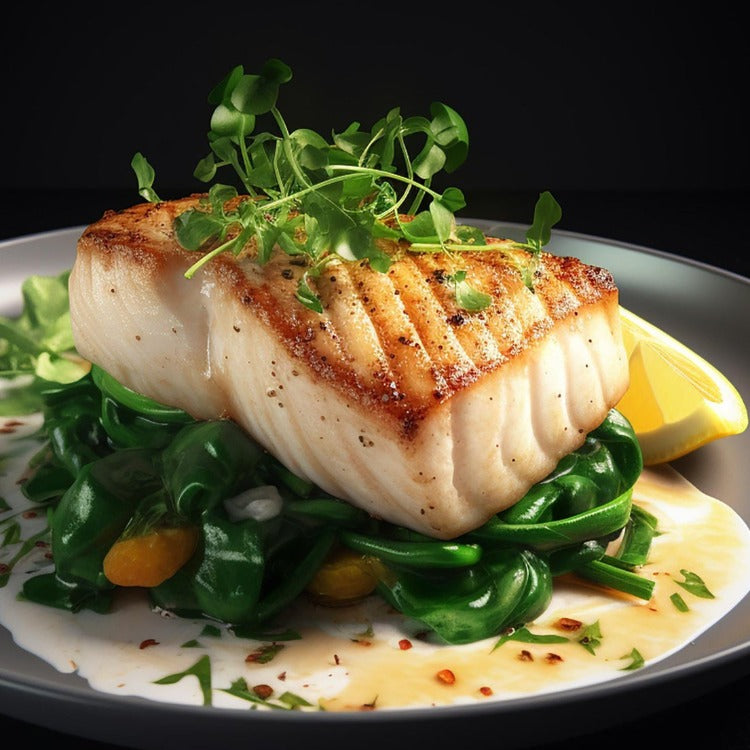 Grilled halibut fillet served on a bed of spinach with microgreens and a lemon wedge