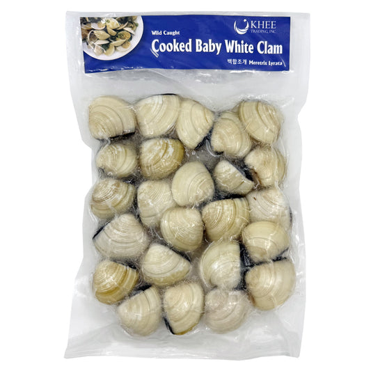 Vacuum-sealed pack of cooked baby white clams from Khee Trading, perfect for easy and convenient seafood preparation