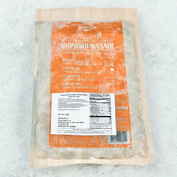 Back view of Isonishi Wasabi package by Goremi, showing nutrition facts and product information. The packaging highlights thawing instructions and ingredients in both Korean and English, with the product weighing 500g