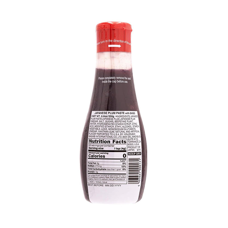 Back of Kinjirushi plum paste bottle with shiso showing nutritional facts, 8.8 oz (250g)