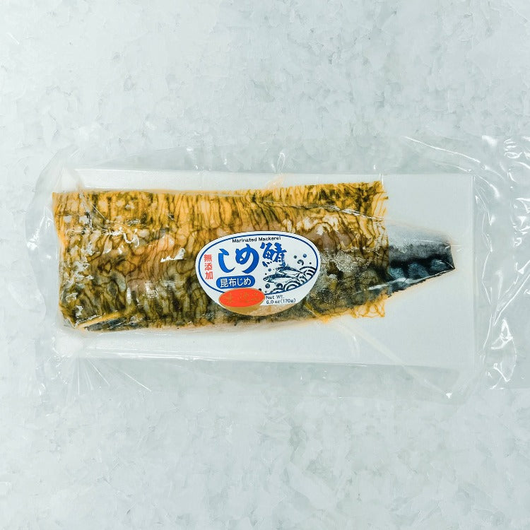 Vacuum-Sealed Package of Shime Saba Kobujime (Marinated Mackerel) on Ice