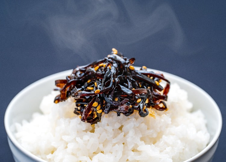 Steaming Bowl of Rice Topped with Seasoned Aokizami Kombu