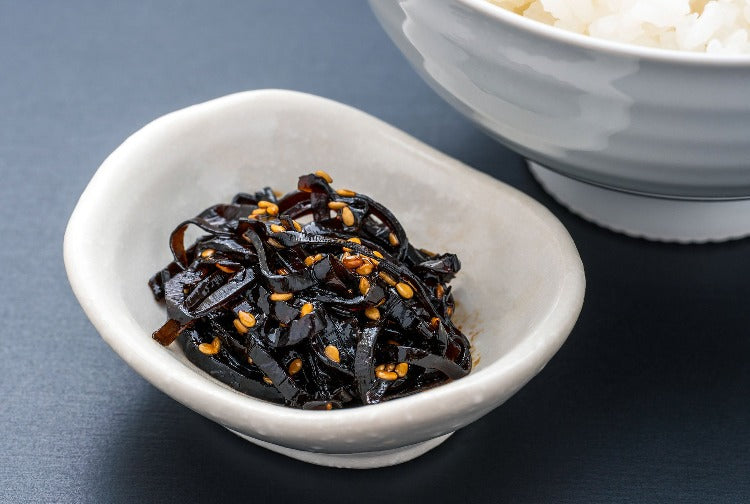 Seasoned Aokizami Kombu Seaweed in a White Dish