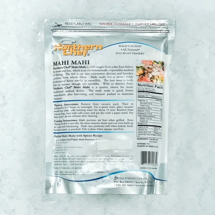 Back of Northern Chef Mahi Mahi package showing nutritional facts, thawing instructions, and a recipe