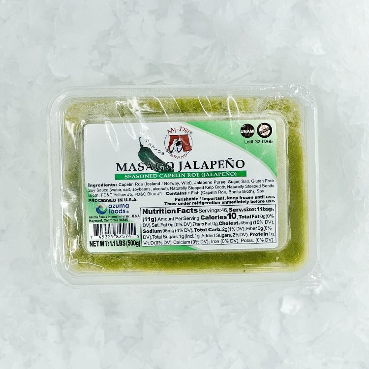 Packaging of Jalapeno Capelin Roe in a clear container with a white label, showing product details and nutritional information