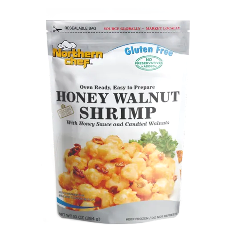 Northern Chef Honey Walnut Shrimp package, oven-ready with honey sauce and candied walnuts, gluten-free