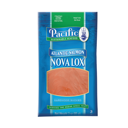 Pacific Sustainable Seafood Farm-Raised Atlantic Salmon Nova Lox - 3 oz package of hardwood smoked, ready-to-eat, deli-sliced salmon. Rich source of omega-3 fatty acids, sustainable seafood, ideal for healthy meals and snacks