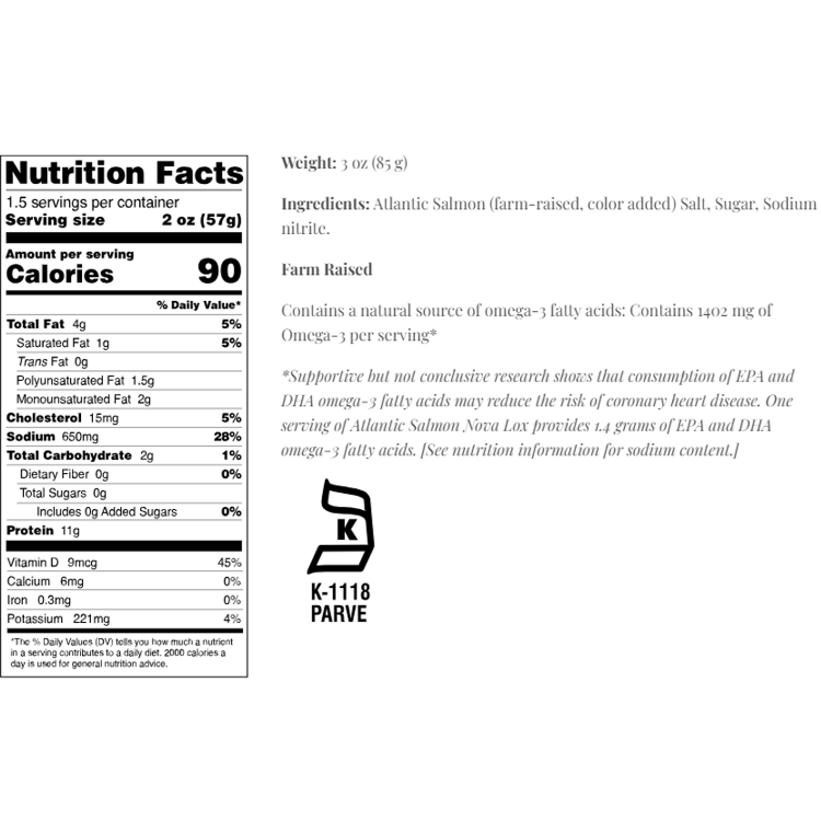 Nutrition facts for Pacific Sustainable Seafood Farm-Raised Atlantic Salmon Nova Lox - 3 oz package. Contains 90 calories per serving, rich in omega-3 fatty acids, low in saturated fat, high in protein. Ingredients: Atlantic Salmon, salt, sugar, sodium nitrite. Certified kosher