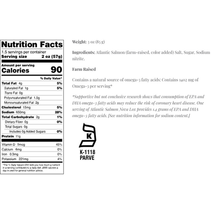 Nutrition facts for Pacific Sustainable Seafood Farm-Raised Atlantic Salmon Nova Lox - 3 oz package. Contains 90 calories per serving, rich in omega-3 fatty acids, low in saturated fat, high in protein. Ingredients: Atlantic Salmon, salt, sugar, sodium nitrite. Certified kosher