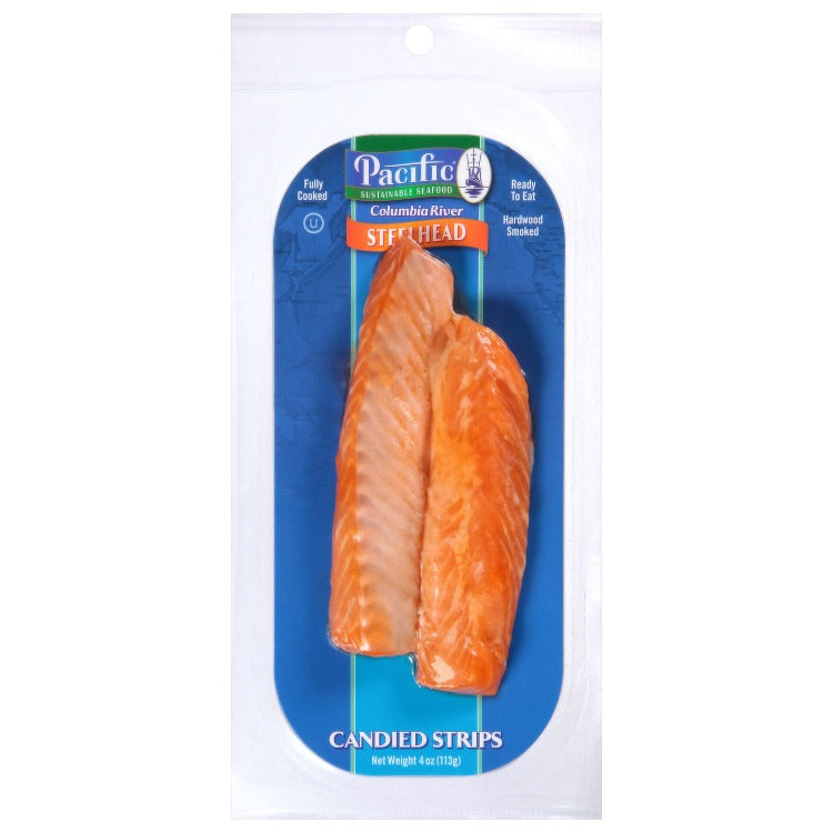 Front view of Pacific Sustainable Seafood Steelhead Candied Strips packaging, featuring two candied steelhead strips, 4 oz (113 g) pack