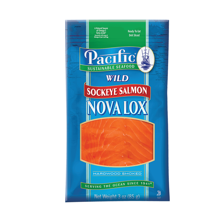 Pacific Sustainable Seafood Wild Sockeye Salmon Nova Lox - Hardwood Smoked, Ready to Eat, Deli Sliced, 3 oz Package