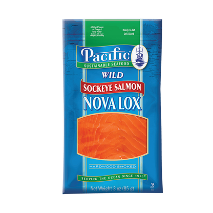 Pacific Sustainable Seafood Wild Sockeye Salmon Nova Lox - Hardwood Smoked, Ready to Eat, Deli Sliced, 3 oz Package