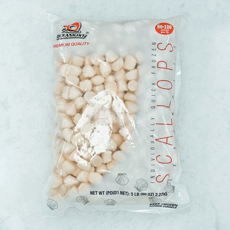 Individually quick frozen scallops (80-120 pieces per lb) package front view