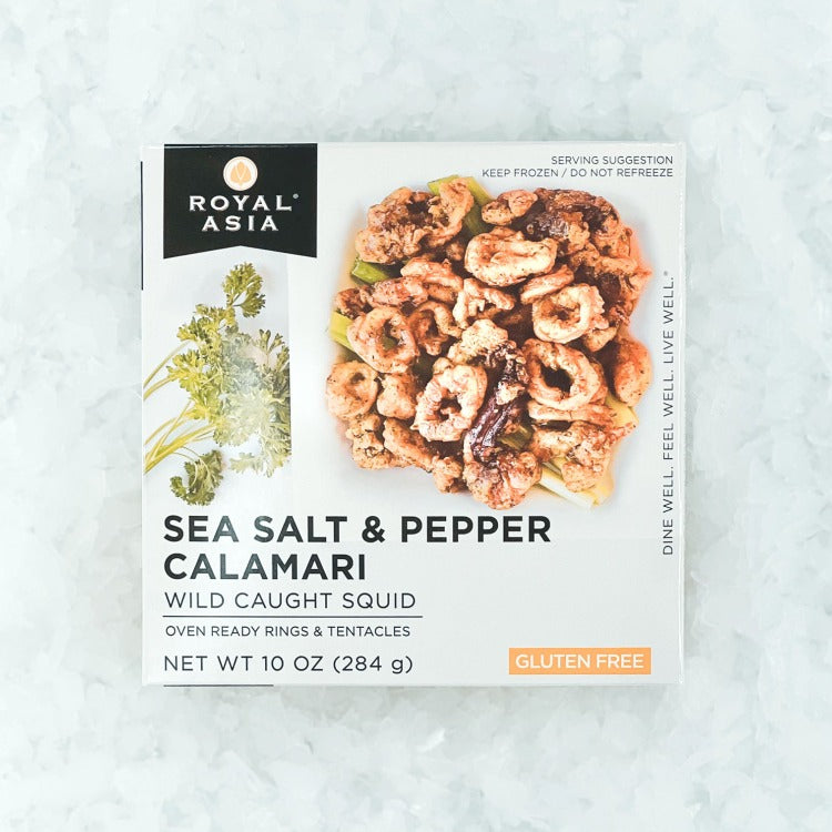 Front of Royal Asia Sea Salt & Pepper Calamari packaging, showcasing oven-ready rings and tentacles, wild-caught squid, and gluten-free label