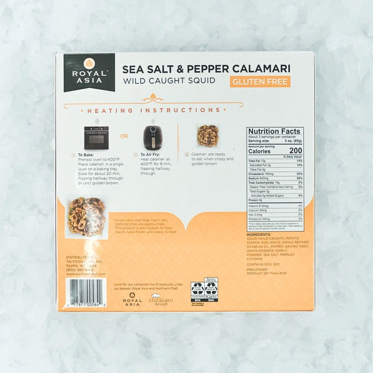 Back of Royal Asia Sea Salt & Pepper Calamari packaging, featuring heating instructions for baking and air frying, nutritional information, and product details