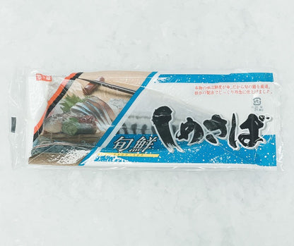 Reverse side of packaged marinated mackerel featuring product descriptions in Japanese