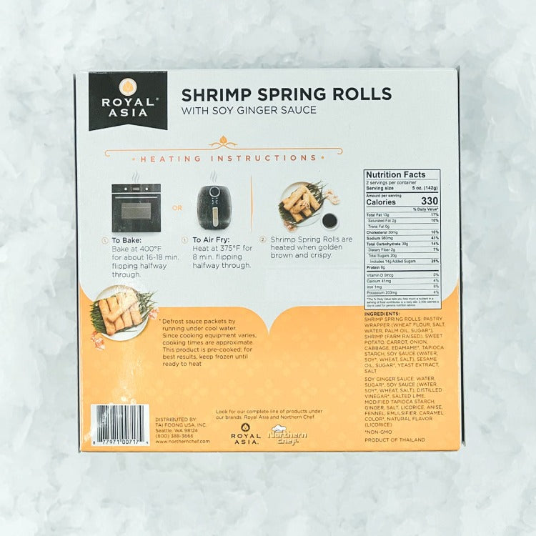 Royal Asia Shrimp Spring Rolls with Soy Ginger Sauce, back packaging view showing cooking instructions and nutrition facts