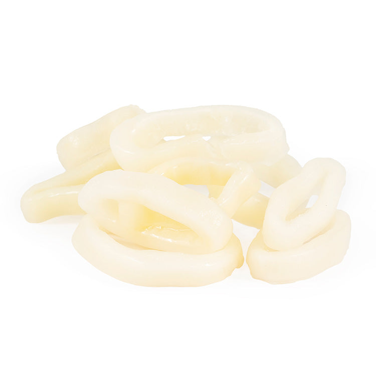 Close-up of raw squid rings on a white background, showcasing their fresh and clean appearance