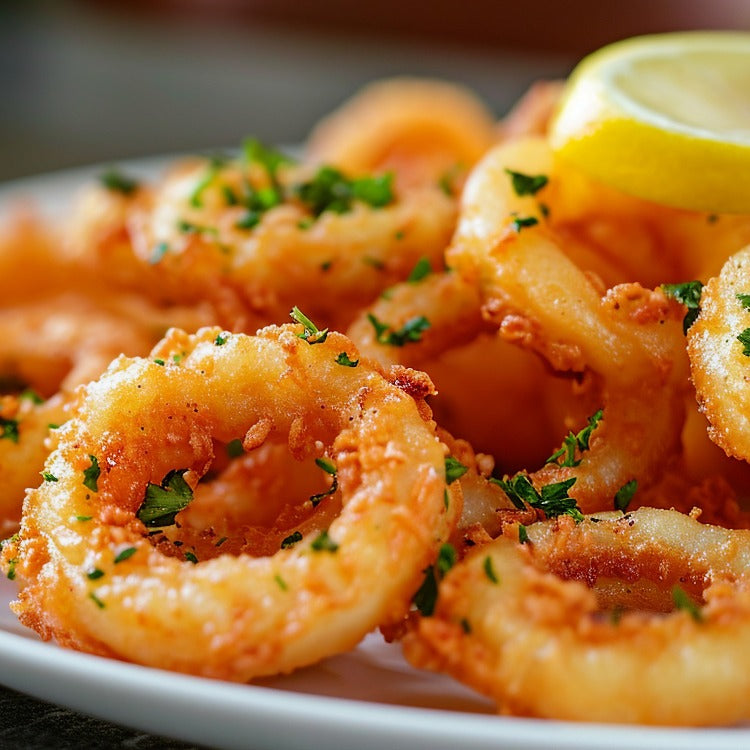 Close-up of crispy fried squid rings on a plate, garnished with parsley and a slice of lemon