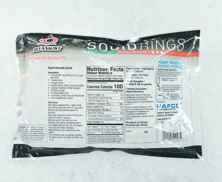 Back view of OceanKist Squid Rings packaging, displaying nutritional information, ingredients, and a recipe suggestion for squid avocado salad