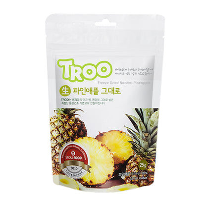 TROO Freeze Dried Natural Pineapple 25g pack. Award-winning Seoul Food 2015 product, showcasing natural freeze-dried pineapple slices. Perfect healthy snack with natural sweetness and crunch