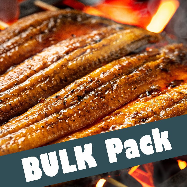 Close-up view of grilled eel fillets, glazed with a savory sauce and cooked to perfection. The image highlights the succulent, caramelized texture of the eel. Text overlay reads 'BULK Pack' indicating a larger quantity packaging option