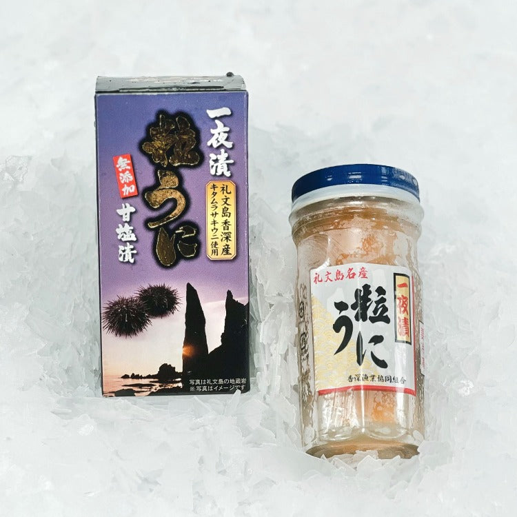 Salted sea urchin (Uni) in a jar with packaging on ice. Premium quality uni from Rishiri Island, known for its rich umami flavor, perfect for sushi and gourmet dishes