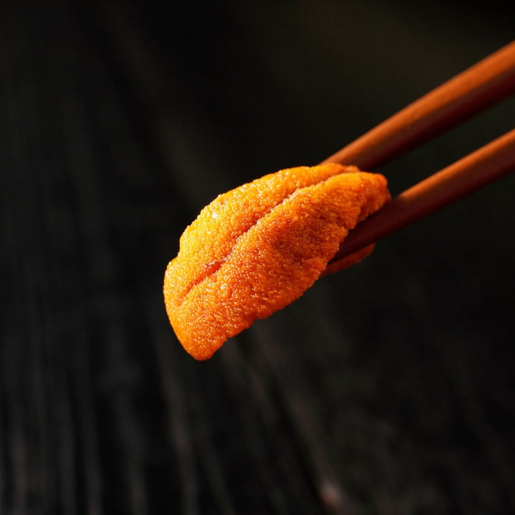 Delicious uni sushi - sea urchin roe topped sushi on a white plate