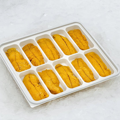 Arranged packs of natural sea urchin roe Uni on ice