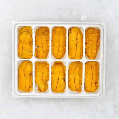 Transparent container filled with natural sea urchin roe Uni pack