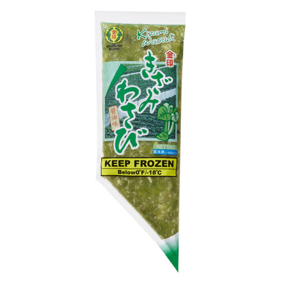 Pack of chopped wasabi with vibrant green packaging, highlighting the product's freshness and the instruction to keep frozen below 0°F (-18°C).