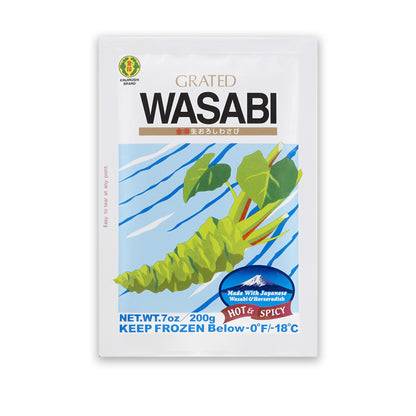 Pack of grated wasabi with colorful design, emphasizing its Japanese origin and hot and spicy flavor, perfect for sushi and sashimi.