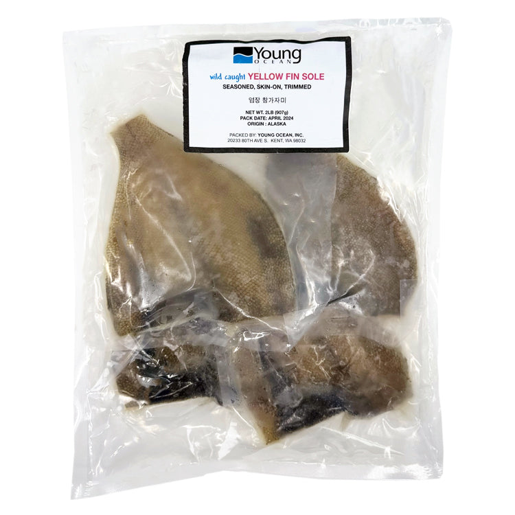 Vacuum-sealed packaged seasoned yellowfin sole from Young Ocean - wild caught and skin-on