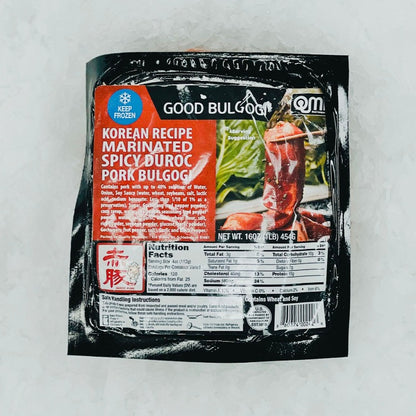 Packaged spicy Duroc pork bulgogi, Korean recipe, showing the front of the bag with nutritional facts and cooking instructions. Ready to cook for a quick and flavorful meal