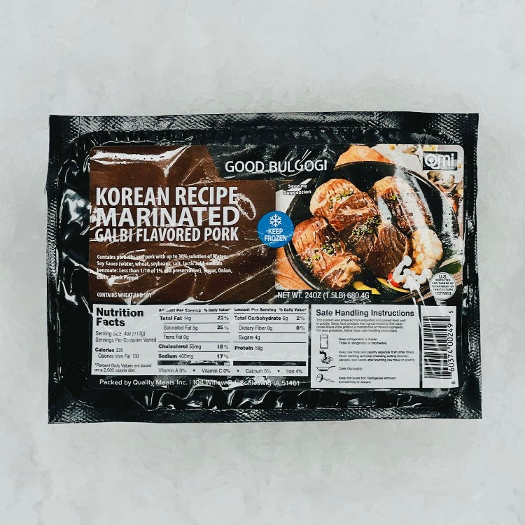 Front packaging of Good Bulgogi Korean Recipe Marinated Galbi Flavored Pork, showing nutritional information and serving suggestions for the marinated pork